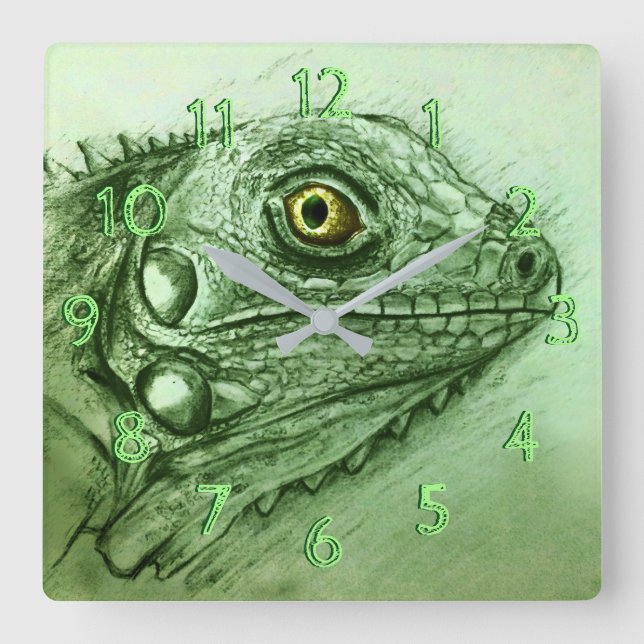 Grönt Iguana Square Clock, Realistiskt Teckning Fyrkantig Klocka (Framsida)