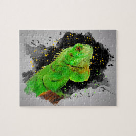 Grönt Iguana Watercolor Reptile Jigszle Puzzle Pussel