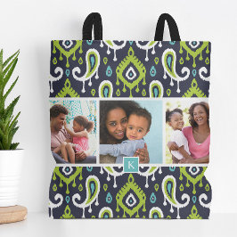 Grönt Ikat Paisley Family Photo Monogram Tygkasse