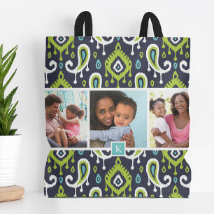 Grönt Ikat Paisley Family Photo Monogram Tygkasse