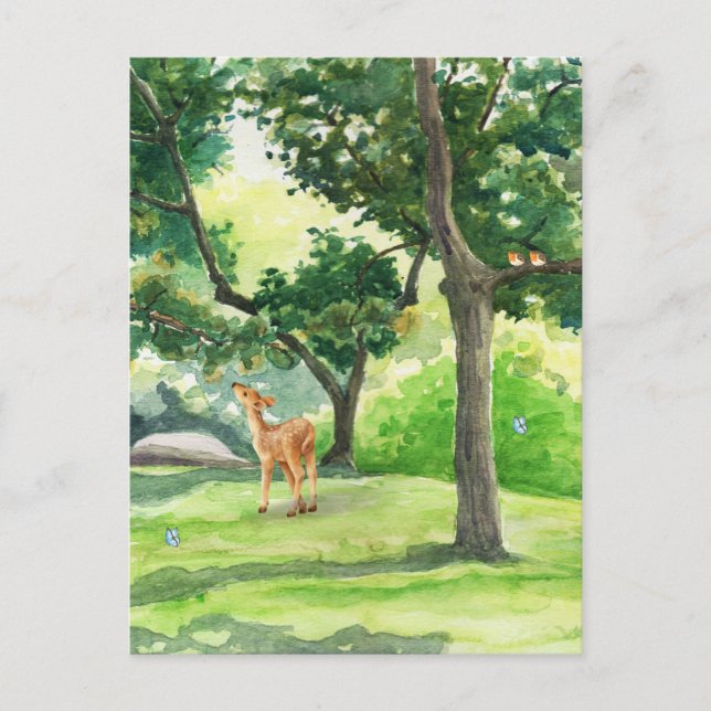Grönt Illustrated Nature Paint med hjort Vykort (Framsida)