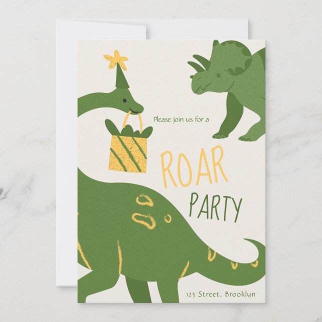 Grönt Illustrative Roar Födelsedagsfest inbjudan (Framsida)