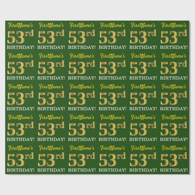 Grönt, Imitation Guld Se "53:e BIRTHDAY" Presentpapper (Platt)