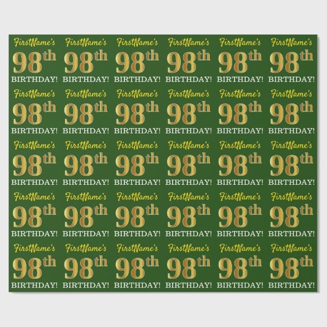 Grönt, Imitation Guld Se "98:e BIRTHDAY" Presentpapper (Platt)