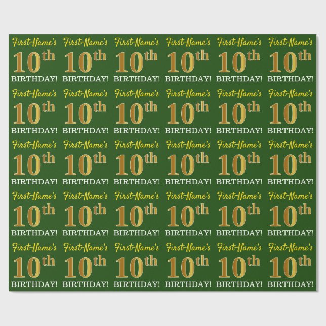 Grönt, Imitation Guld titta "10:e BIRTHDAY" Presentpapper (Platt)
