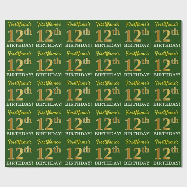 Grönt, Imitation Guld titta "12:e BIRTHDAY" Presentpapper (Platt)