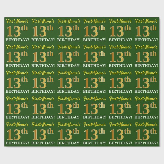 Grönt, Imitation Guld titta "13:e BIRTHDAY" Presentpapper (Platt)