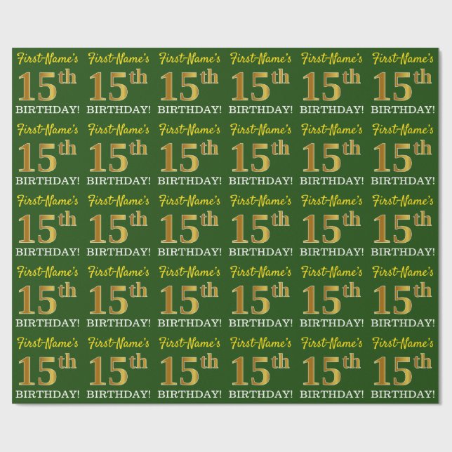 Grönt, Imitation Guld titta "15:e BIRTHDAY" Presentpapper (Platt)
