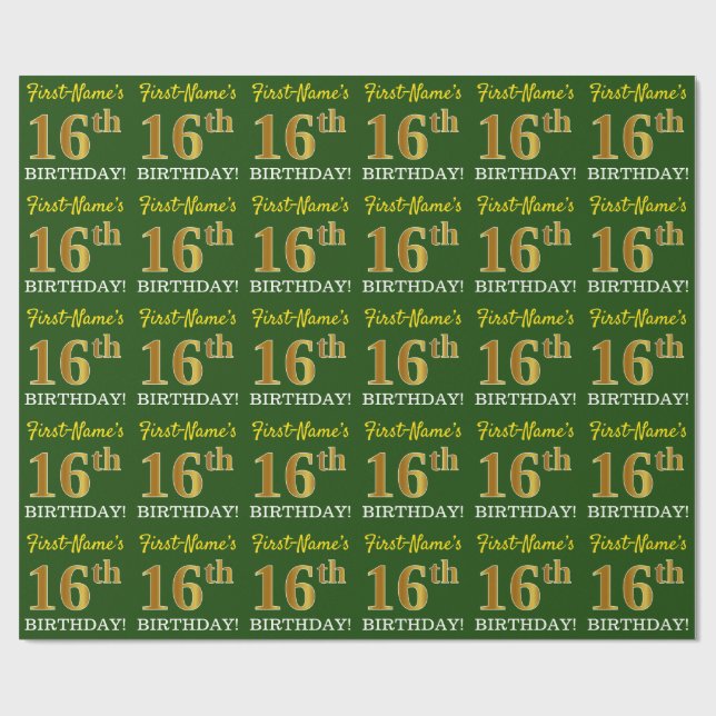 Grönt, Imitation Guld titta "16:e BIRTHDAY" Presentpapper (Platt)