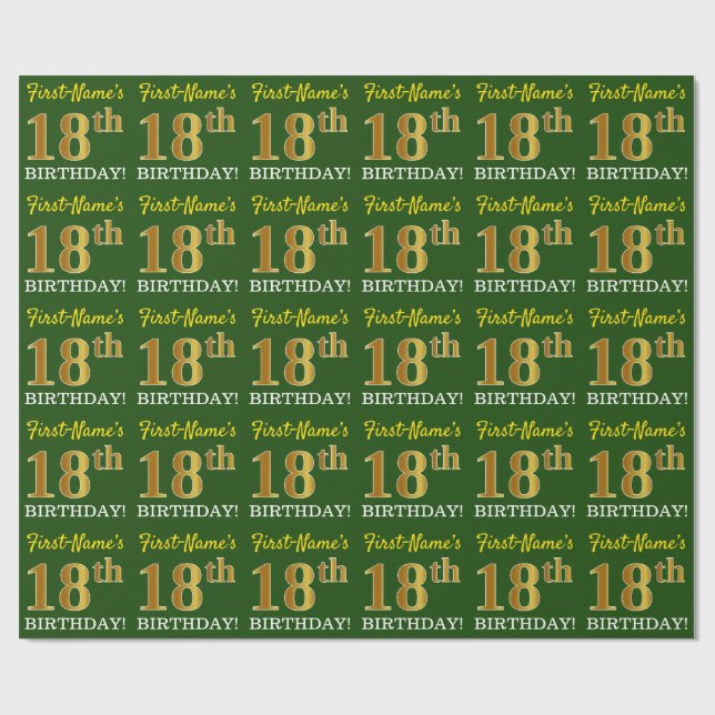 Grönt, Imitation Guld titta "18:e BIRTHDAY" Presentpapper (Platt)