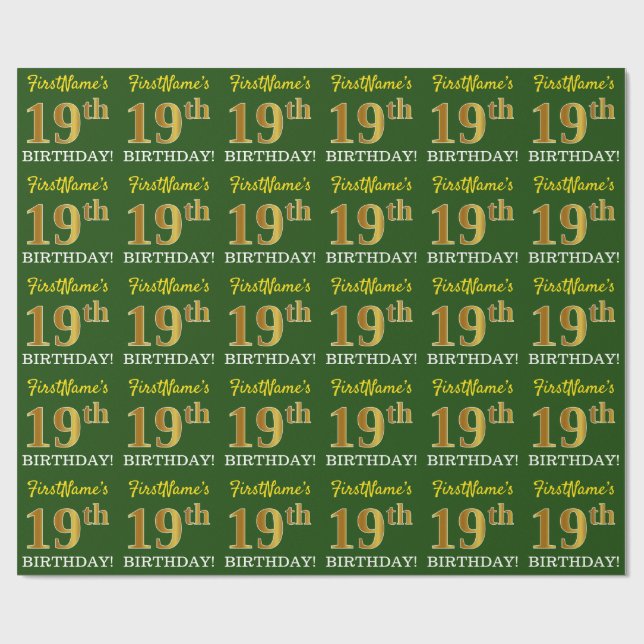 Grönt, Imitation Guld titta "19:e BIRTHDAY" Presentpapper (Platt)