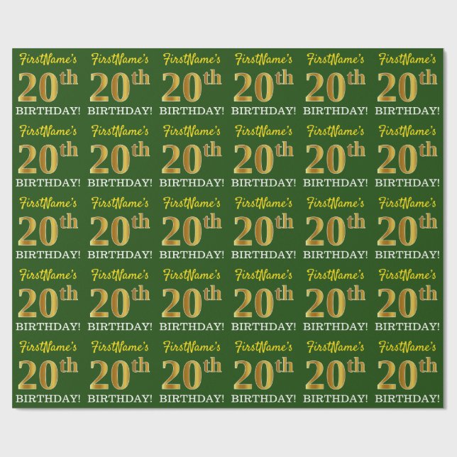 Grönt, Imitation Guld titta "20:e BIRTHDAY" Presentpapper (Platt)