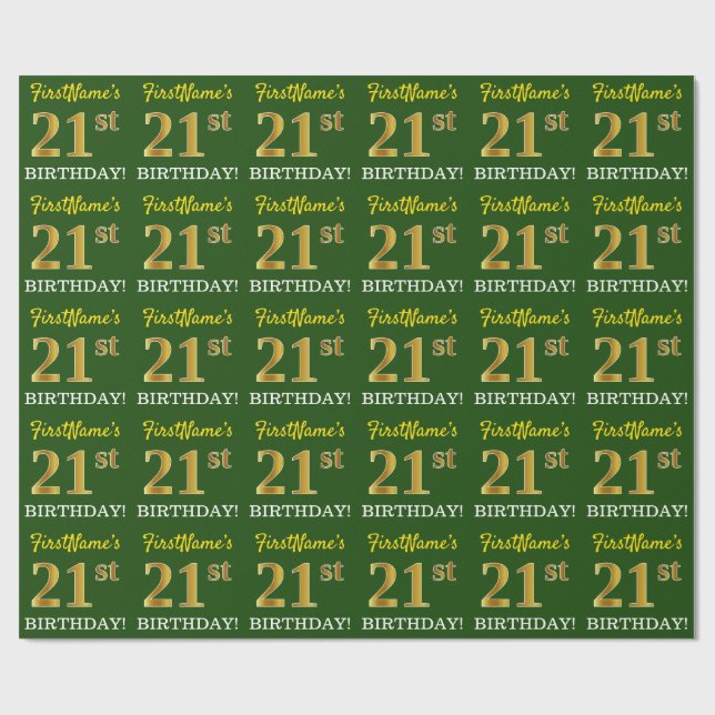 Grönt, Imitation Guld titta "21:a BIRTHDAY" Presentpapper (Platt)