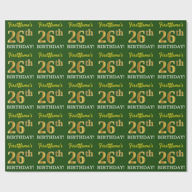 Grönt, Imitation Guld titta "26:e BIRTHDAY" Presentpapper (Platt)