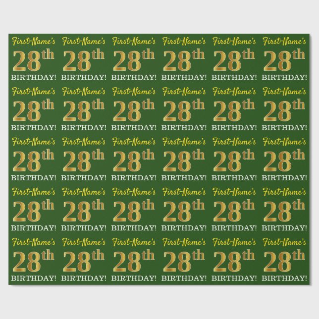 Grönt, Imitation Guld titta "28:e BIRTHDAY" Presentpapper (Platt)