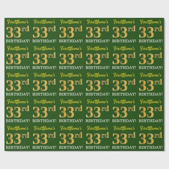 Grönt, Imitation Guld titta "33:e BIRTHDAY" Presentpapper (Platt)