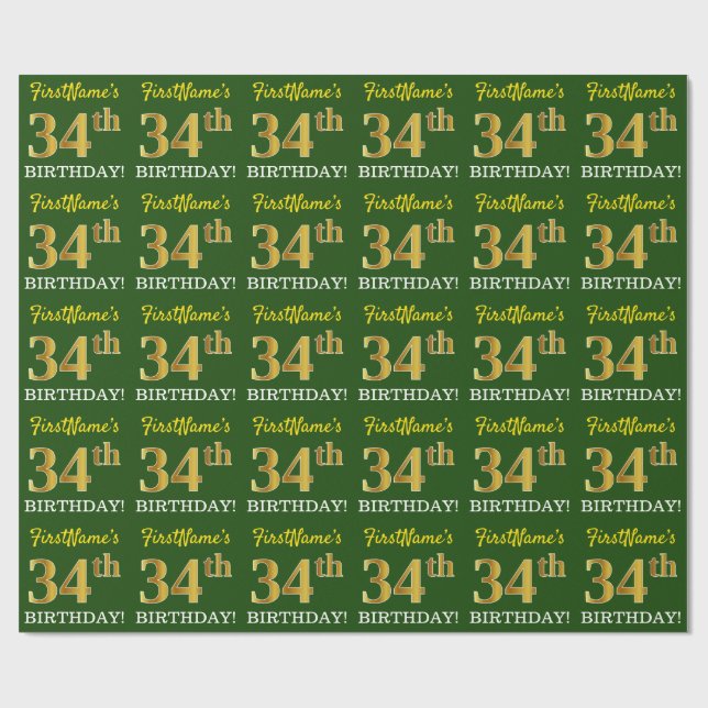 Grönt, Imitation Guld titta "34:e BIRTHDAY" Presentpapper (Platt)
