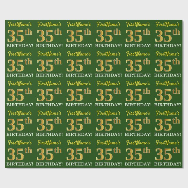 Grönt, Imitation Guld Titta "35e BIRTHDAY" Presentpapper (Platt)