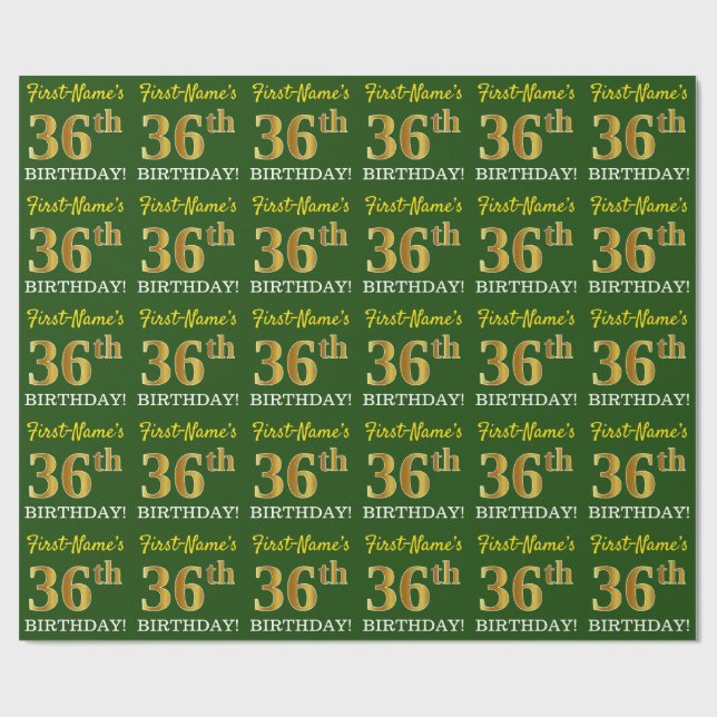 Grönt, Imitation Guld titta "36:e BIRTHDAY" Presentpapper (Platt)
