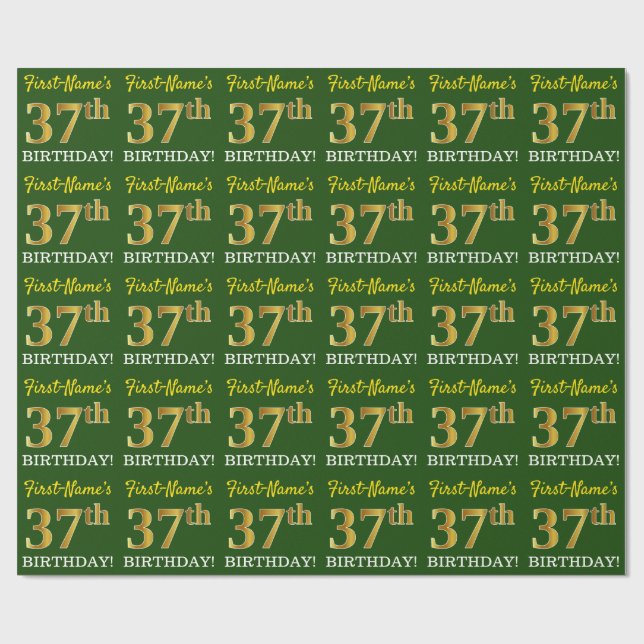 Grönt, Imitation Guld titta "37:e BIRTHDAY" Presentpapper (Platt)