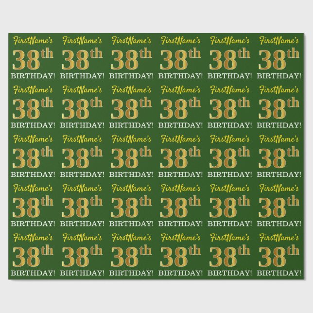 Grönt, Imitation Guld titta "38:e BIRTHDAY" Presentpapper (Platt)