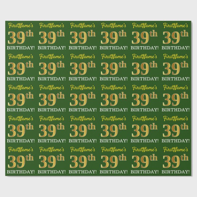Grönt, Imitation Guld titta "39:e BIRTHDAY" Presentpapper (Platt)