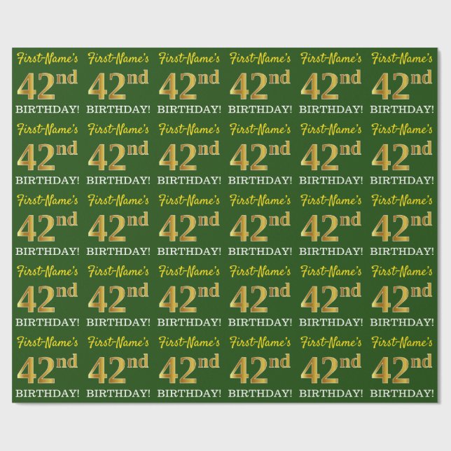 Grönt, Imitation Guld titta "42:a BIRTHDAY" Presentpapper (Platt)