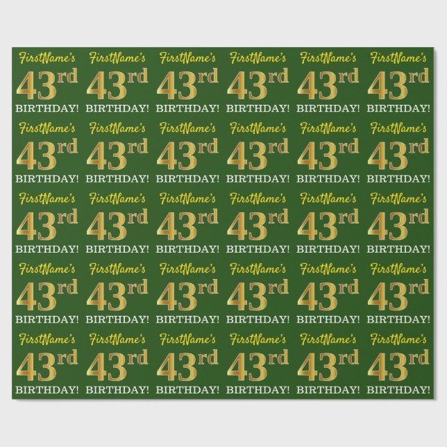 Grönt, Imitation Guld titta "43:e BIRTHDAY" Presentpapper (Platt)
