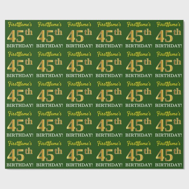 Grönt, Imitation Guld titta "45:e BIRTHDAY" Presentpapper (Platt)