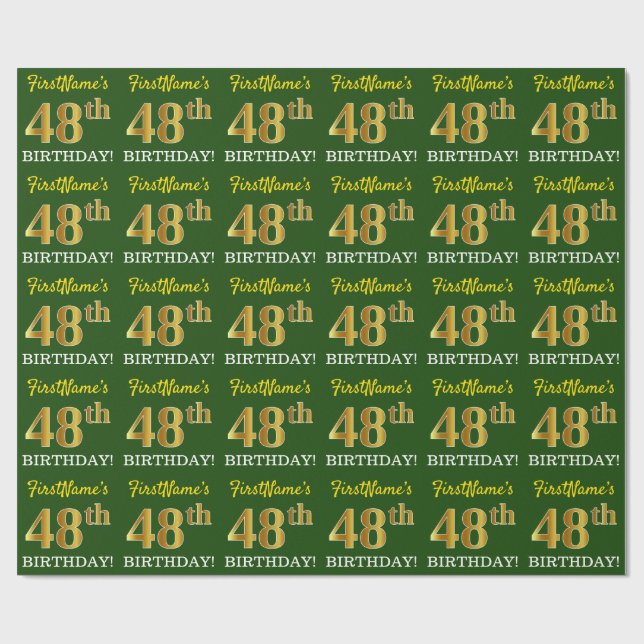 Grönt, Imitation Guld titta "48:e BIRTHDAY" Presentpapper (Platt)