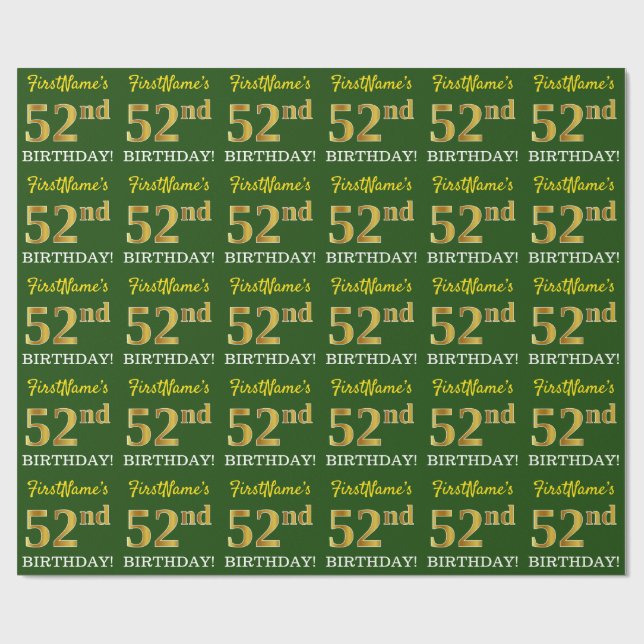 Grönt, Imitation Guld titta "52:a BIRTHDAY" Presentpapper (Platt)