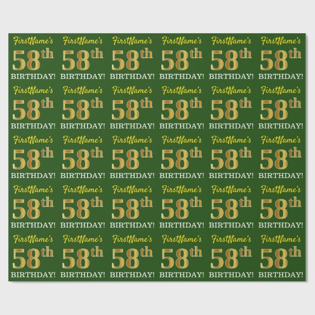 Grönt, Imitation Guld titta "58:e BIRTHDAY" Presentpapper (Platt)