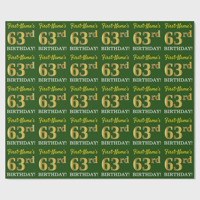 Grönt, Imitation Guld titta "63:e BIRTHDAY" Presentpapper (Platt)