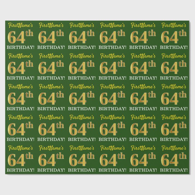 Grönt, Imitation Guld titta "64:e BIRTHDAY" Presentpapper (Platt)
