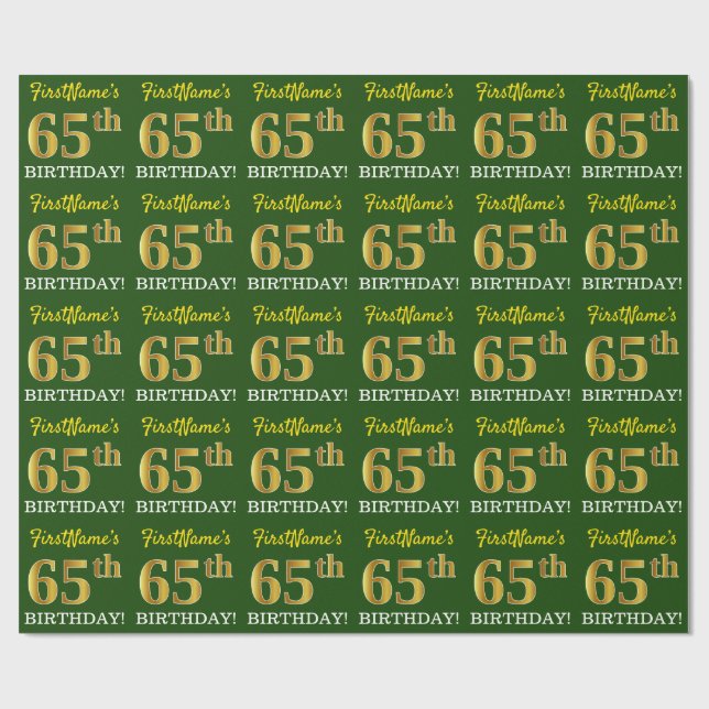 Grönt, Imitation Guld Titta "65e BIRTHDAY" Presentpapper (Platt)
