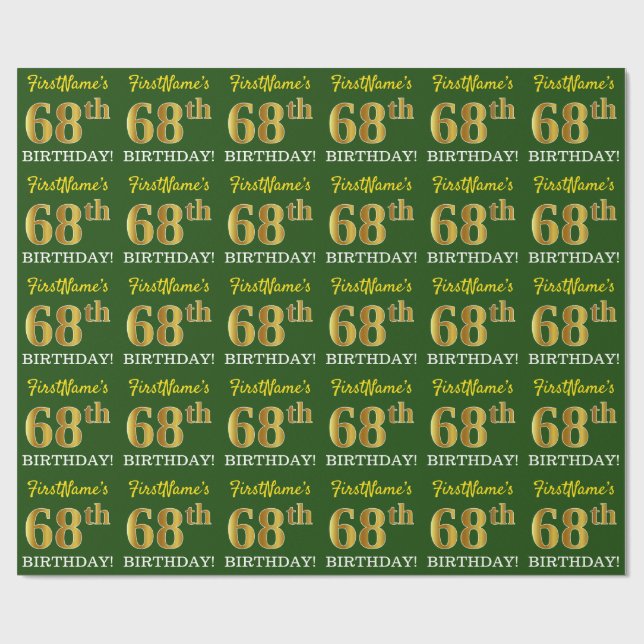 Grönt, Imitation Guld titta "68:e BIRTHDAY" Presentpapper (Platt)