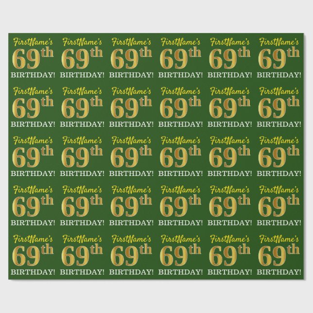 Grönt, Imitation Guld titta "69:e BIRTHDAY" Presentpapper (Platt)
