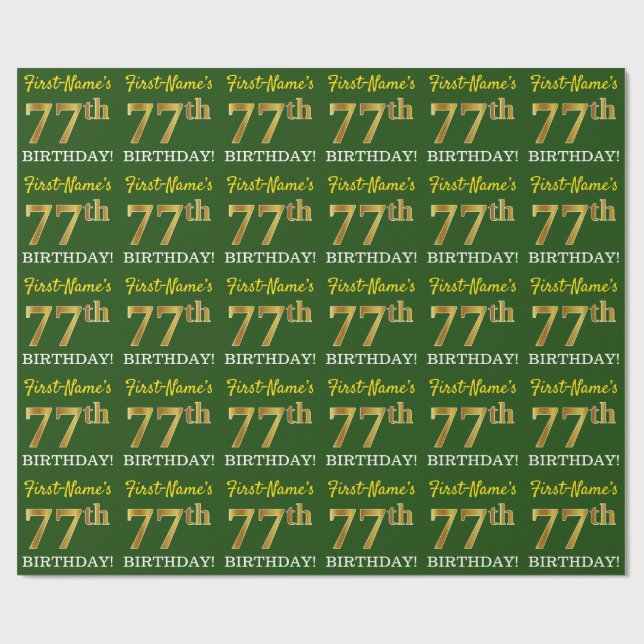 Grönt, Imitation Guld titta "77:e BIRTHDAY" Presentpapper (Platt)