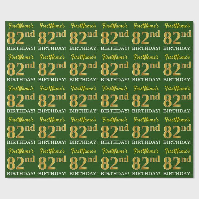 Grönt, Imitation Guld titta "82:a BIRTHDAY" Presentpapper (Platt)