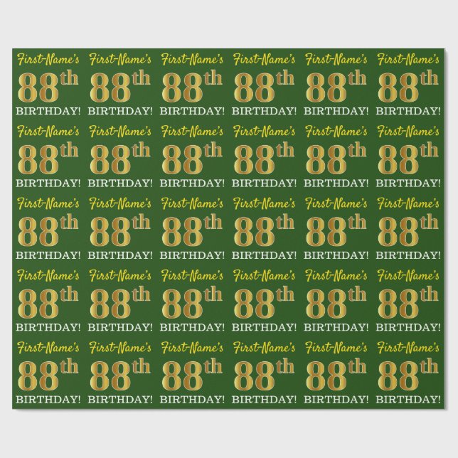 Grönt, Imitation Guld titta "88:e BIRTHDAY" Presentpapper (Platt)