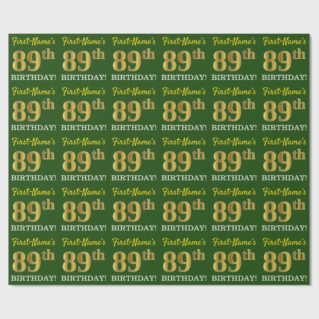 Grönt, Imitation Guld titta "89:e BIRTHDAY" Presentpapper (Platt)