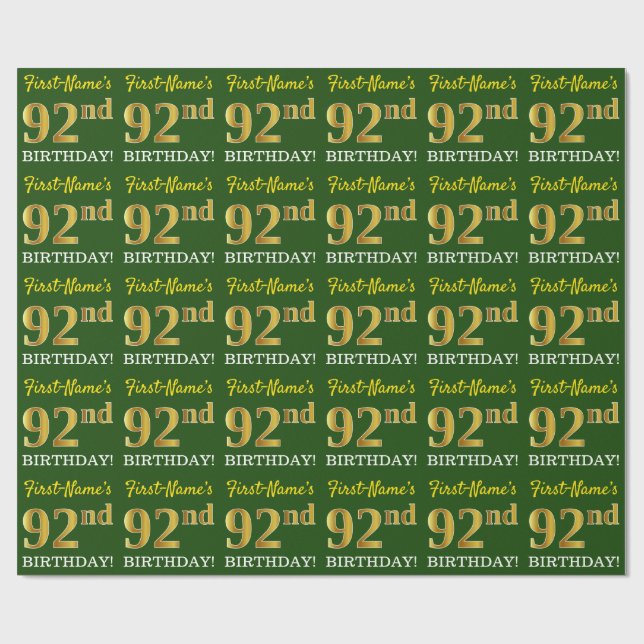 Grönt, Imitation Guld titta "92:a BIRTHDAY" Presentpapper (Platt)