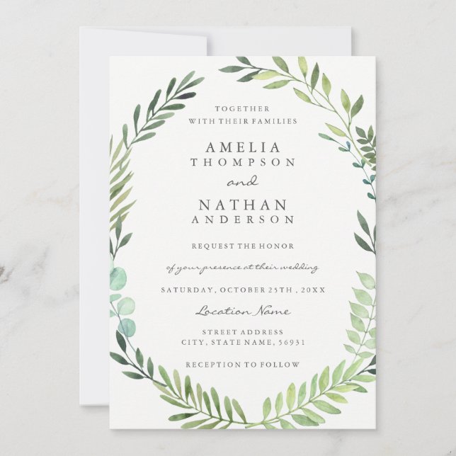Grönt Inbjudan till Watercolor Löv Wandebröllop (Framsida)