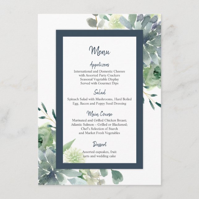 Grönt & Indigo Blue Succulents White Flowers Menu Meny (Framsida)