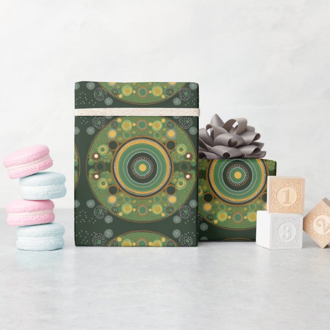 Grönt inpackningspapper i aboriginalkonst-stil presentpapper (Baby Shower)