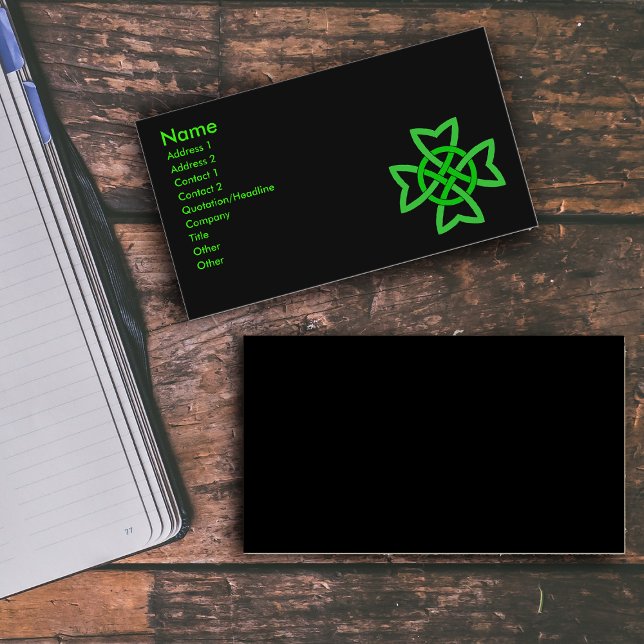 Grönt Irish Celtic Knot Visitkort (Bright green Irish Celtic knot on black on business cards.)