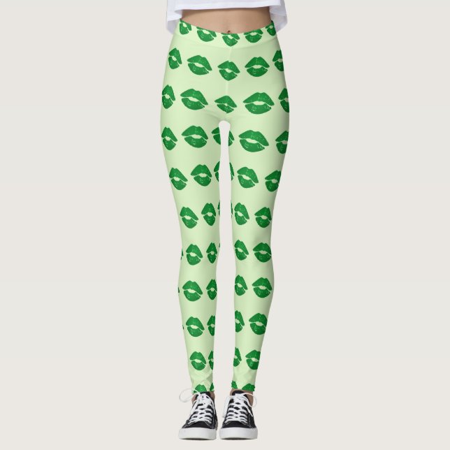 Grönt Irish Kiss Lipstick Mönster St Paddy's Day Leggings (Framsida)