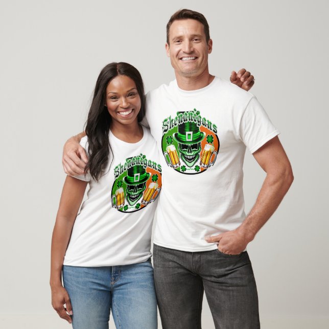 Grönt Irish Leprechaun Skull: Shenanigans 1 Tee Shirt (Unisex)