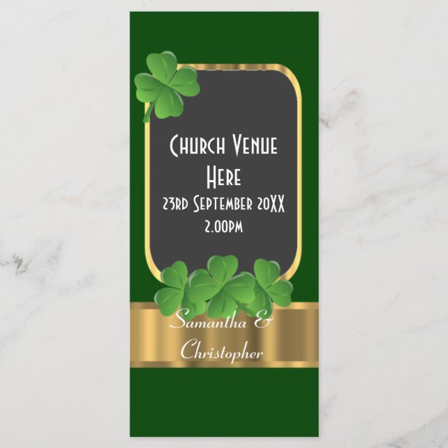 Grönt Irish shamrock klöver bröllopsprogram Program (Framsida)