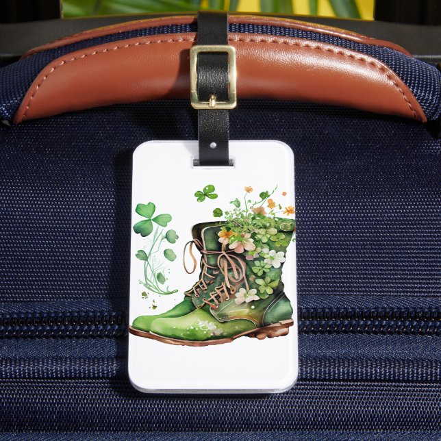 GRÖNT IRLÄNDSKA ARBETSBOOT MED SHAMROCKS FLOWERS BAGAGEBRICKA (Framsida Insitu 2)
